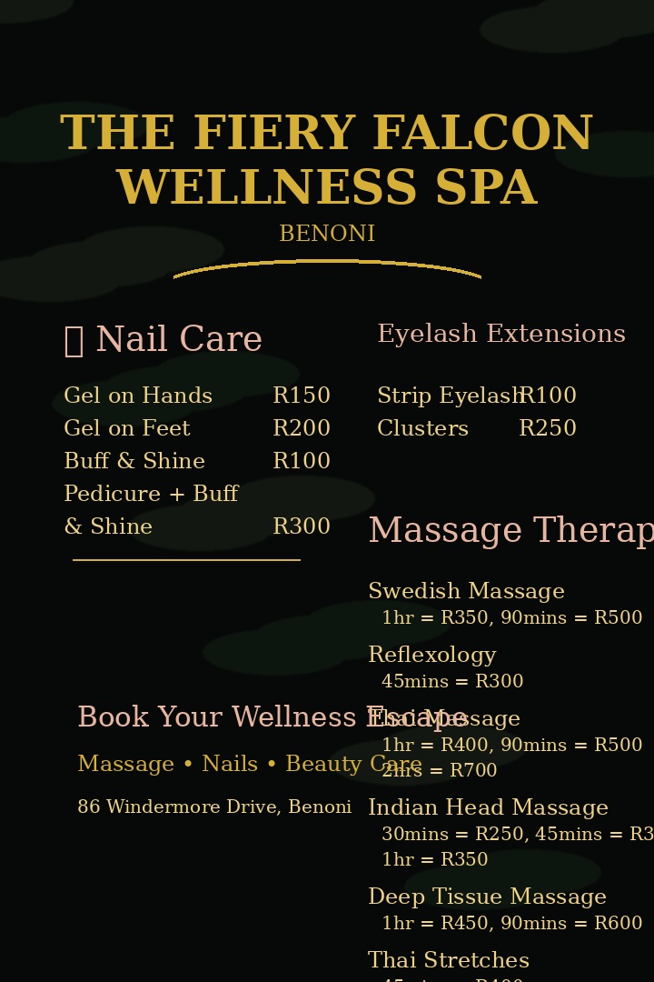 The Fiery Falcon Wellness Spa services flyer